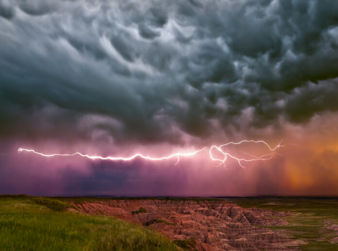 Lightning and dramatic storm clouds - Badlands National Park, South Dakota